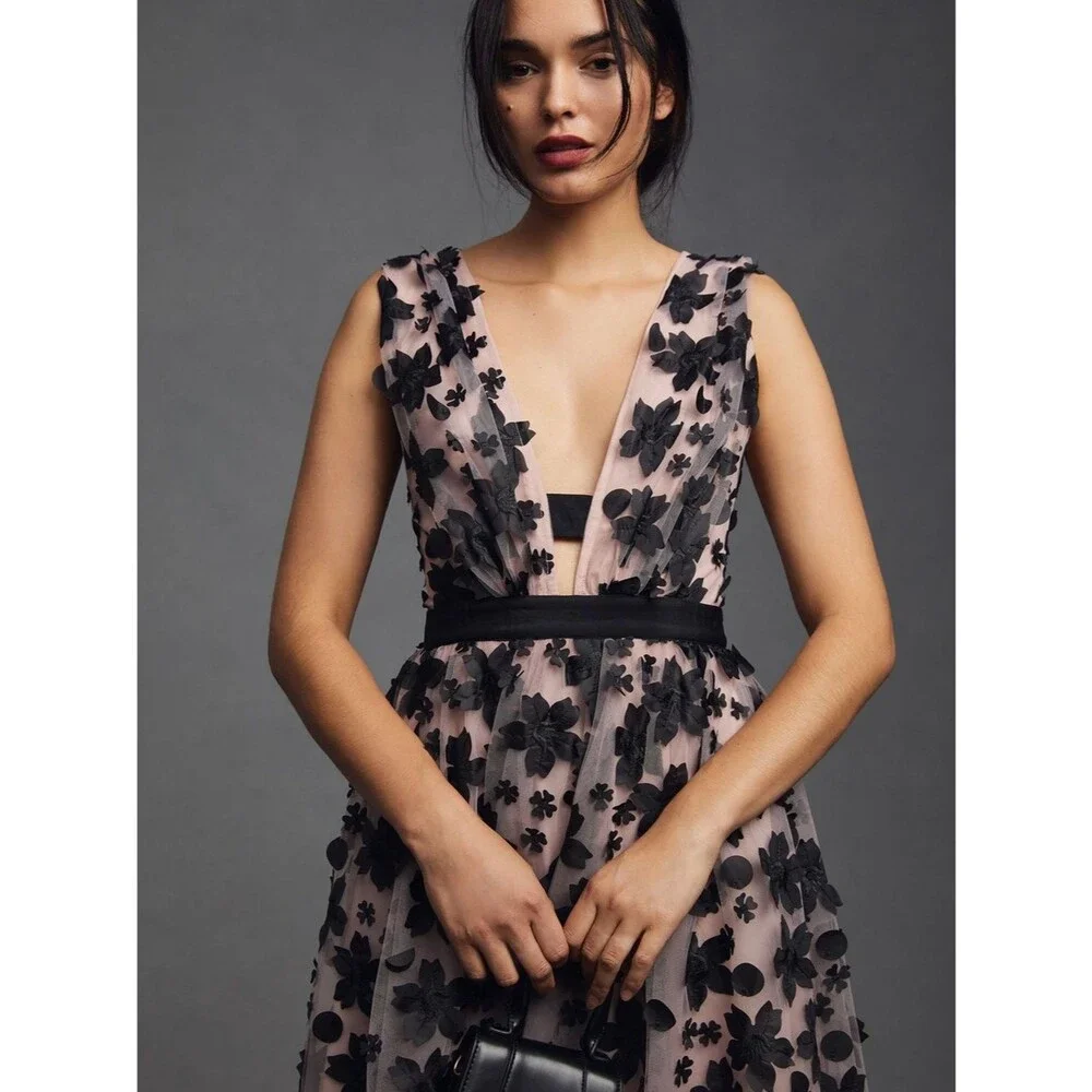 Anthropologie Strappy Floral Floral Appliqúe Tulle Midi Dress | Black /Blush | 0 - Picture 11 of 12